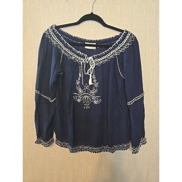 Embroidered boho top by Magazine Tassel tie front 100% Cotton Size M New - Picture 3 of 16